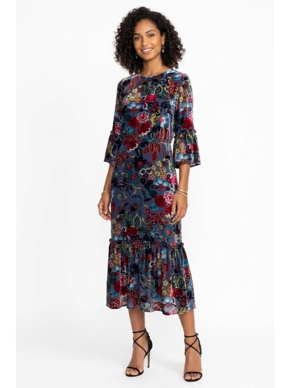 NWT Johnny Was Minto Burnout Tanya in Floral Velvet Tiered Lined Midi Dress S